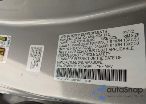 2022 Honda Odyssey Ex-L из США, поврежденный, VIN 5FNRL6H71NB052684